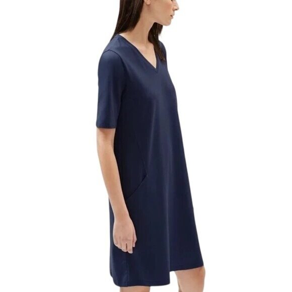 SMALL Eileen Fisher Navy Blue Knit V Neck Elbow Length Short Sleeve Dress - Picture 3 of 9